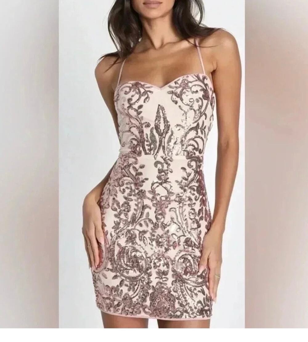 Lulus Shining Goddess Rose Gold Sequin Lace-Up Mini Dress - Size Small